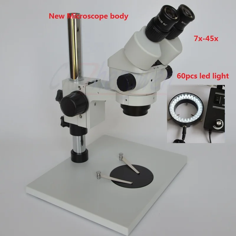 Free Shipping 7X-45X Super Size Stage Binocular Stereo Zoom Microscope +60LED