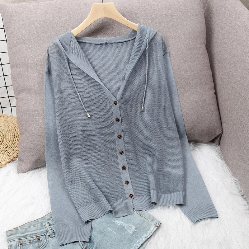 Long Sleeve Cardigan Women For Summer 2020 Knitted Cardigan Korean Button Up Hooded Jacket Ice Silk Sweater Thin Sunscreen Tops