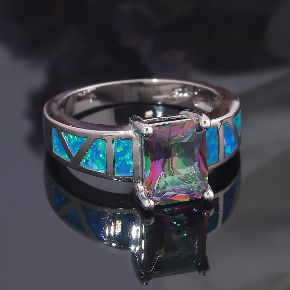 CiNily Created Blue Fire Opal RingsMystic Zirconia Silver Plated Fashion Jewelry For Women Engagement Gift Ring Size 6-10 OJ9402