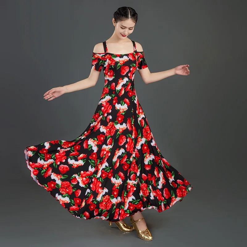 Robe de danse pour salle de bal, imprimé à manches courtes, robe de valse pour salle de bal, costumes de Tango, robe Flamenco espagnole