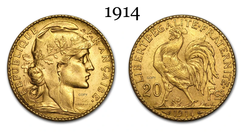 France 20 Francs 1914 Gold Marianne Rooster Brass Metal Copy Coin Collection Commemorative Coins Ww2 Moneda Collectible Coins