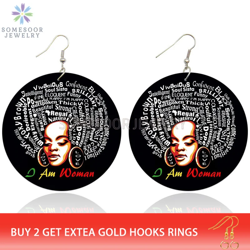 SOMESOOR I am Afro Woman Wooden Drop Earrings African Natural Hair Design With Full Black Saying Words Wood Dangle Jewelry Gifts