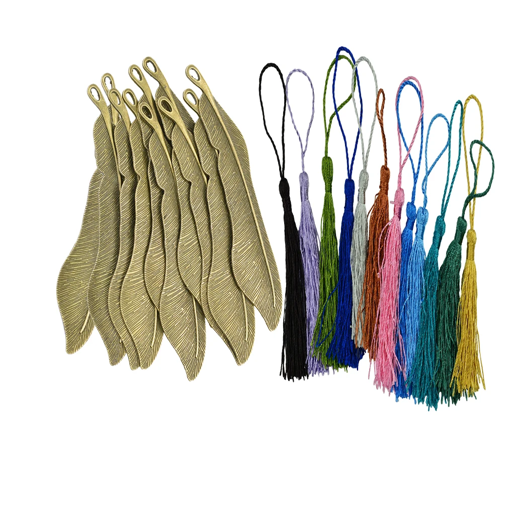 10pcs bronze victorian simple alloy metal 4.4inch blank beading 3D feather bookmark and nylon tassel