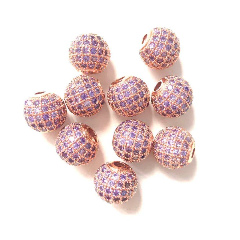 10pcs/lot 10mm Purple Cubic Zirconia Pave Copper Ball Spacer Beads for Women Bracelet Necklace Making Handmade Jewelry Accessory