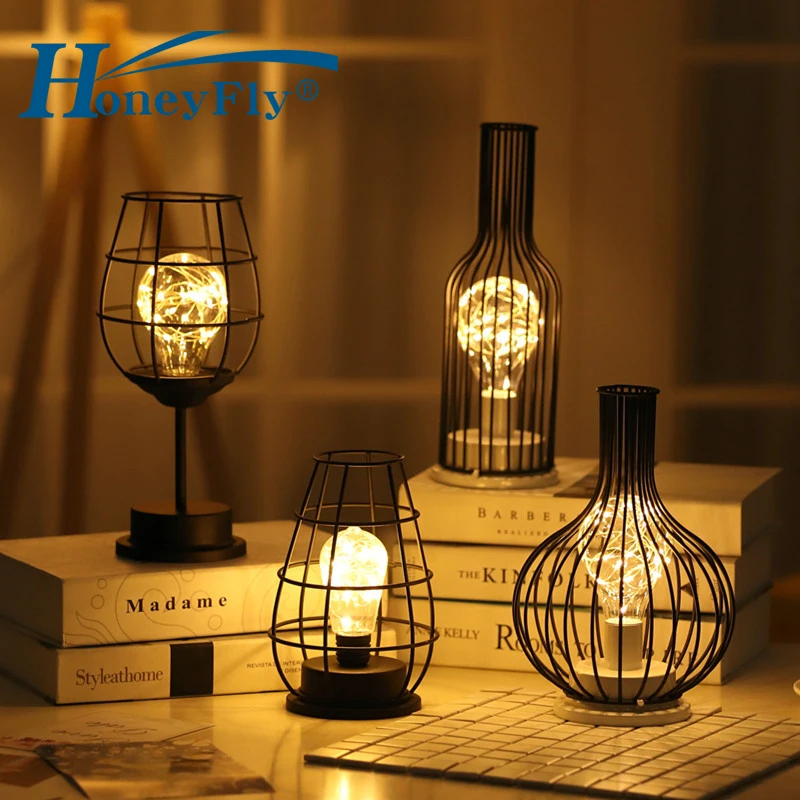 HoneyFly Iron Frame Led Nightlight Hollow Out Wine Glass Bottle Night Light AA battery Powered for Cafe Hotel Balcony Home