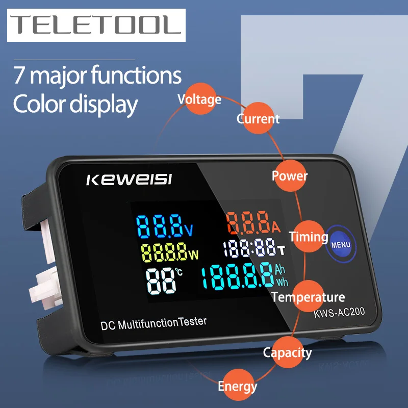 KWS DC200 Digital Voltmeter 0-200V Voltage Seven Functions Power Energy Meter LED Color Display Wattmeter 0-10/50/100A