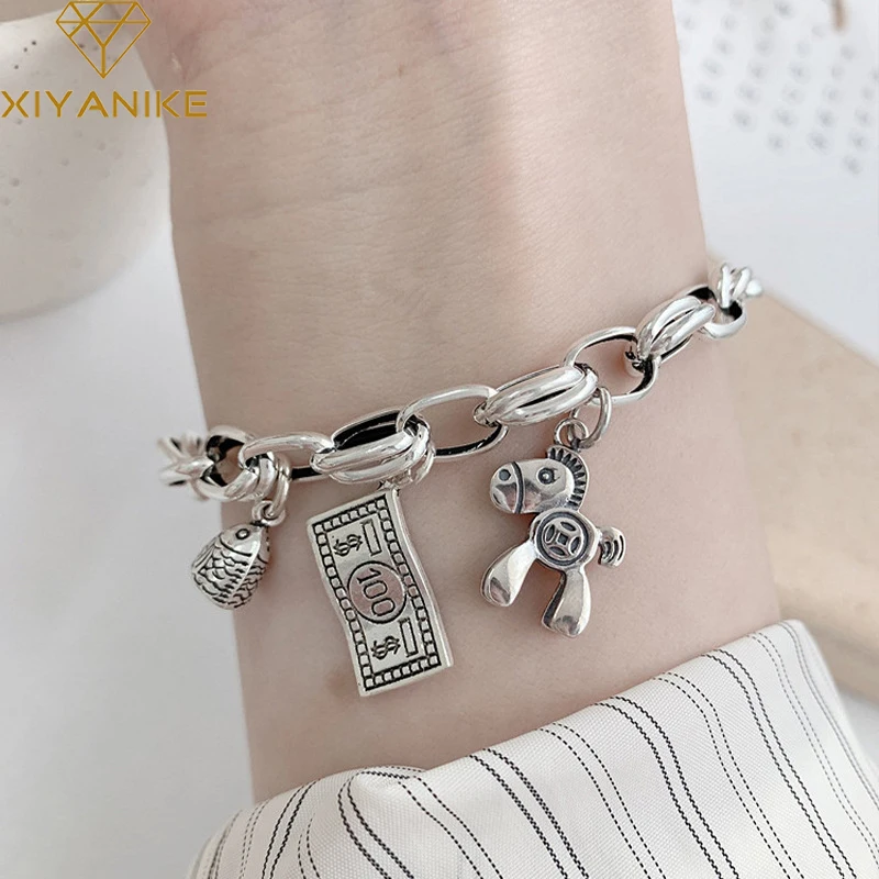 XIYANIKESilver สี Vintage Horse Dollar หัวปลาจี้สร้อยข้อมือการออกแบบที่ไม่ซ้ำกันแฟชั่นขายส่ง