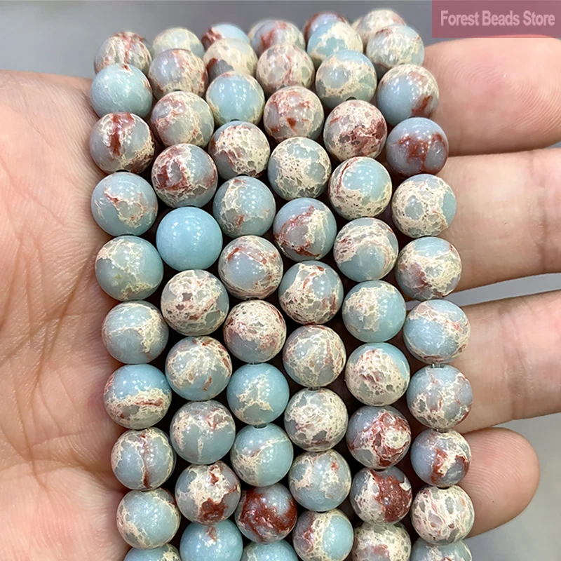 Natural Smooth ShouShan Snakeskin Blue Stone Round Loose Beads DIY Bracelet Earrings for Jewelry Making 15