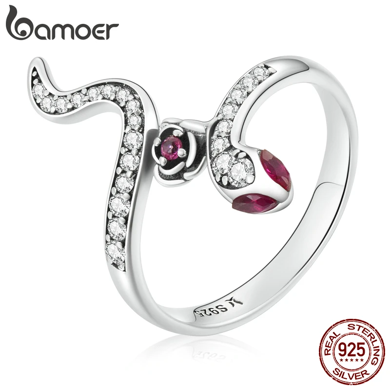 BAMOER Luxury 925 Sterling Silver Vintage Ruby Eyes Ring Snake Rose Ring for Women Gothic Statement Party Fashion Jewelry