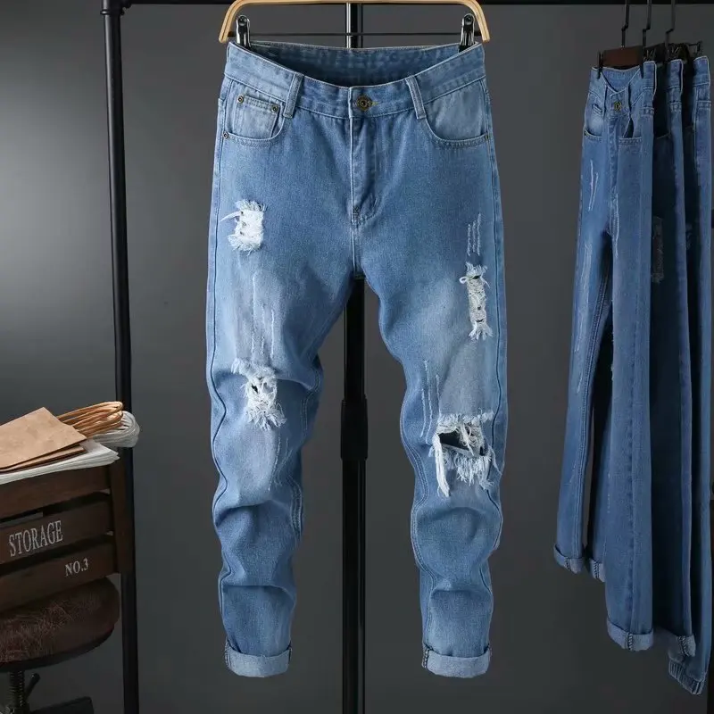 

Summer 2022 Fashion Trendy Brand Men's Casual Ripped Nine-point Jeans Slim Feet Korean Trend Of Spring And Autumn Beggar Pants