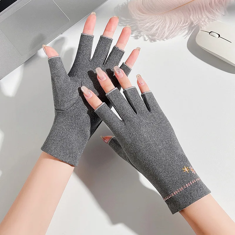 Autumn Winter Women Cotton Warm Touch Screen Half-Finger Gloves Exquisite Embroidery Writing Office Computer Work Drive Cycling