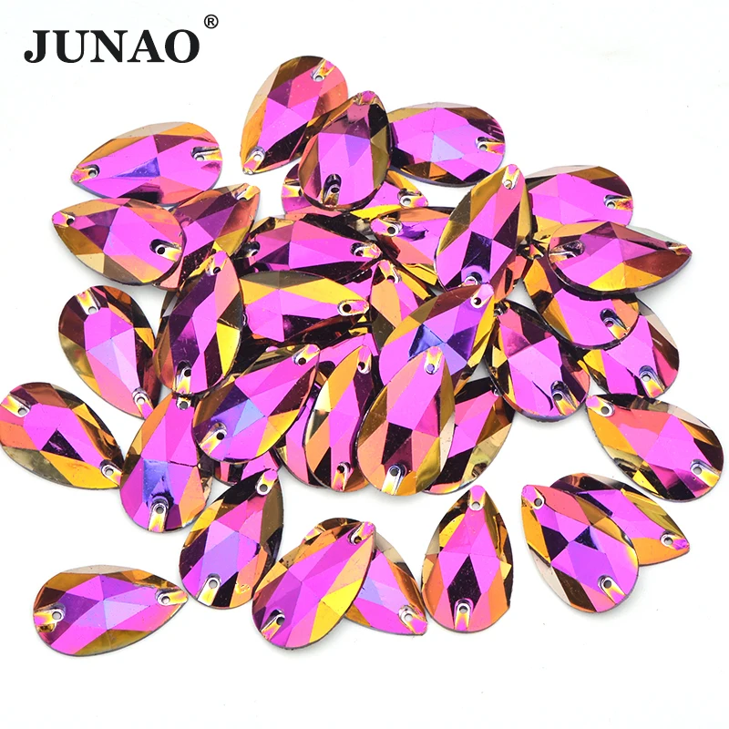 JUNAO 17*28 millimetri di Cucito Grande Teardrop Rhinestone della Parte Posteriore Piana AB Pietre di Cristallo Sew On Resina Strass Applique per