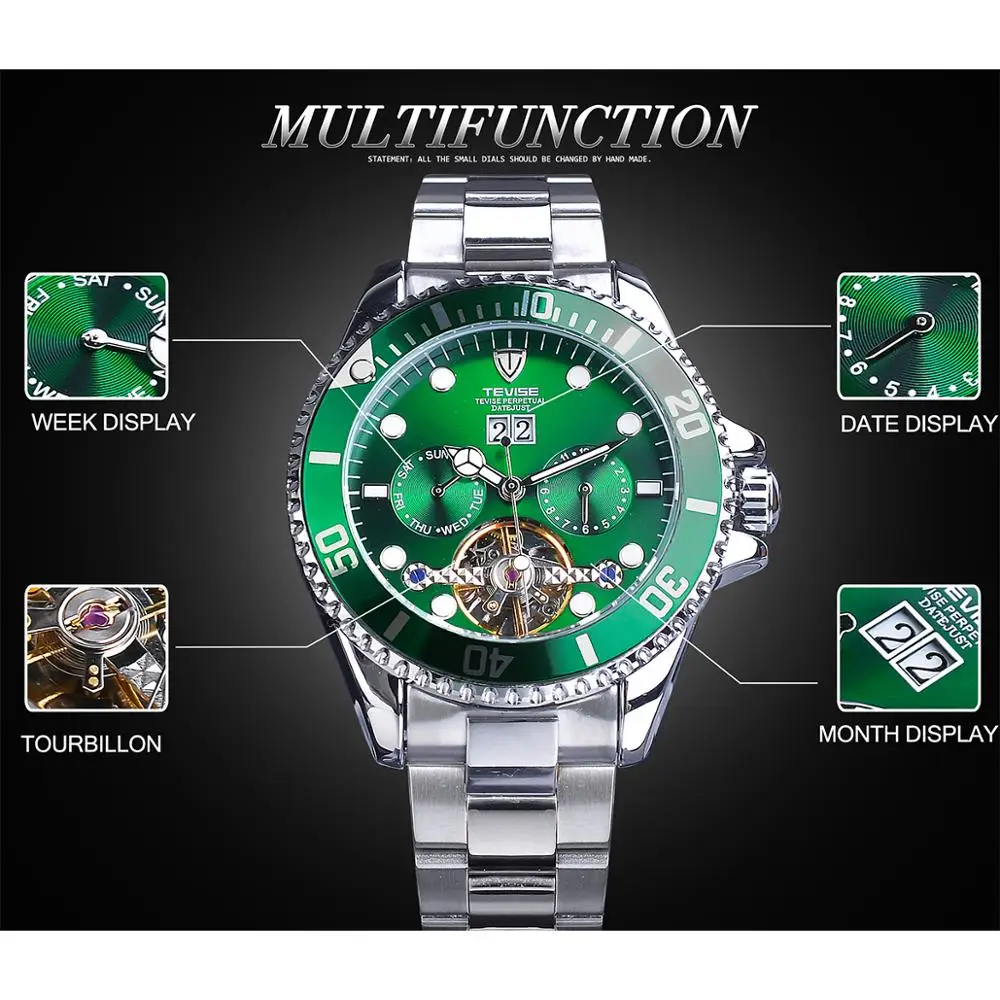 TEVISE 2020 Design Green Bezel Tourbillion Design Men Mechanical Automatic Sport Business Wristwatch Top Brand Luxury Male Clcok