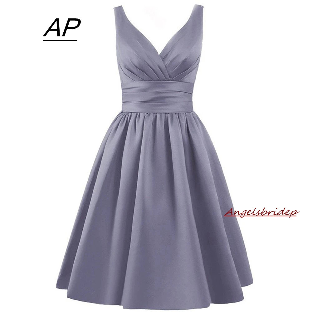 

ANGELSBRIDEP 2 STORE Fashion Short Satin Belt A Line V-Neck Formal Sleeveless Gowns Wedding Party Dress For Bridesmaid Multiple