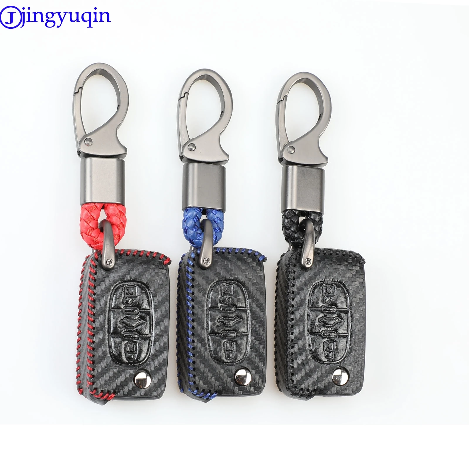 jingyuqin Leather Carbon 3B Car Key Case Cover For Peugeot 207 407 407SW For Citroen C4 C5 C6 C8