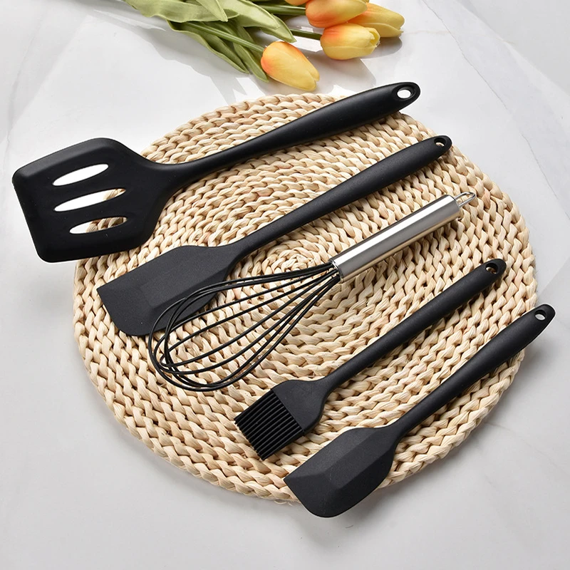 5Pcs Heat-Resistant Cooking Utensils Set Non-Stick Silicone Spatula Whisk Oil Brush Turner Cream Scraper Baking Set Kitchen Tool