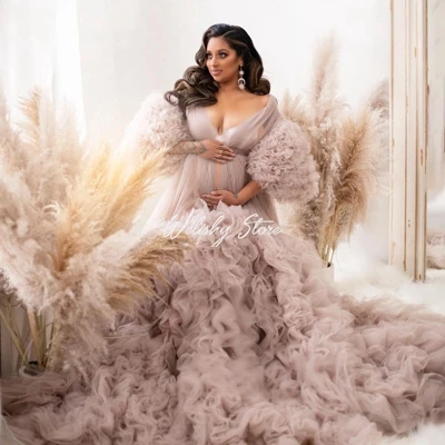 

New Arrival Long Tulle Maternity Robes Sexy Sheer Long Ruffled Pleated Tulle Dresses Women Photo Shoot Custom Made Plus Size