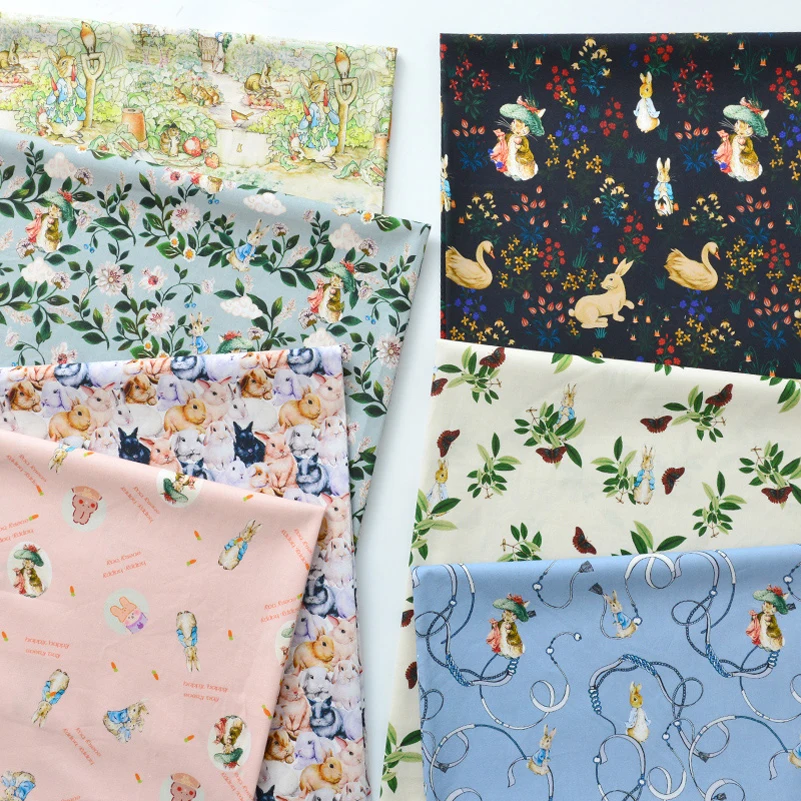 100%Cotton Fabric Rabbit Printed Cartoon Pastoral Style for Sewing Baby Clothes Per Half Meter