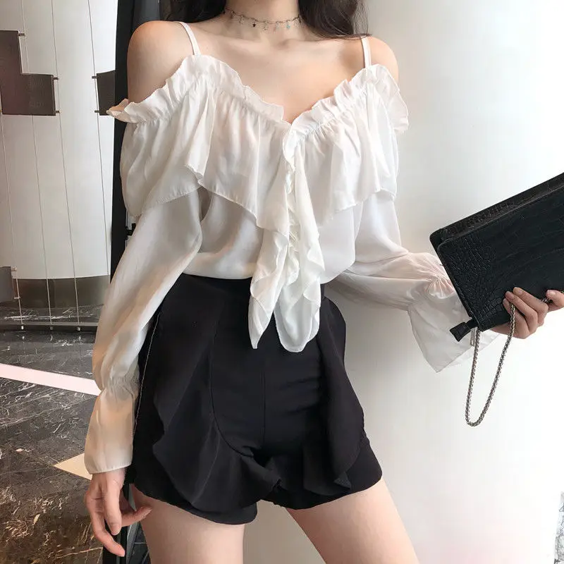 Off Shoulder Blouses Women Ruffles Sexy Party Design Stylish Ulzzang Solid Feminine Leisure All-match Spring Soft Popular Ins