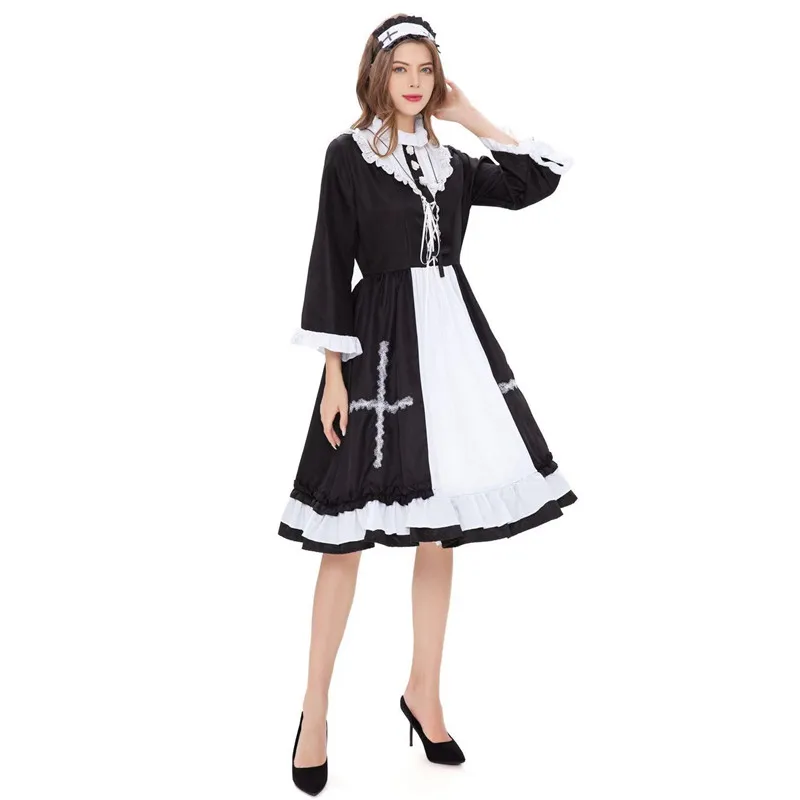 

Pettiskirt Black And White Adult Women Halloween Nun Costumes Female Maid Cosplay Carnival Purim Parade Role Play Party Dress