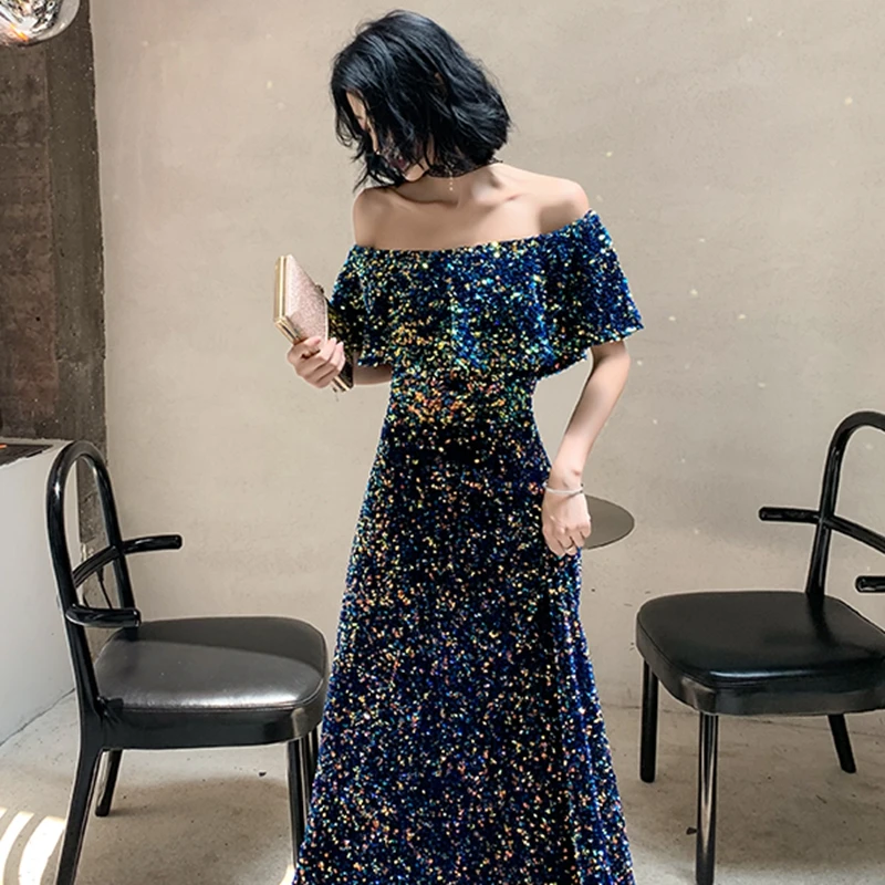 New Sequins Evening Dress Long Vintage Prom Dress Shiny Off the Shoulder Gown A- Line Banquet Formal Party Dress