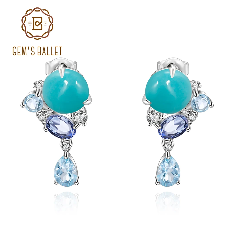 GEM'S BALLET 925 Sterling Silver Handmade Removable Gemstone Earrings Natural Amazonite Blue Topaz Stud Earrings For Women