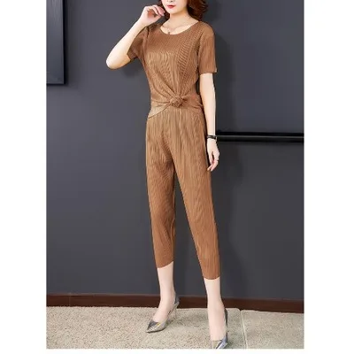 HOT SELLING Miyake fold  fashion suits short sleeve  t-shirt points Calf pants two-piece solid suit IN STOCK