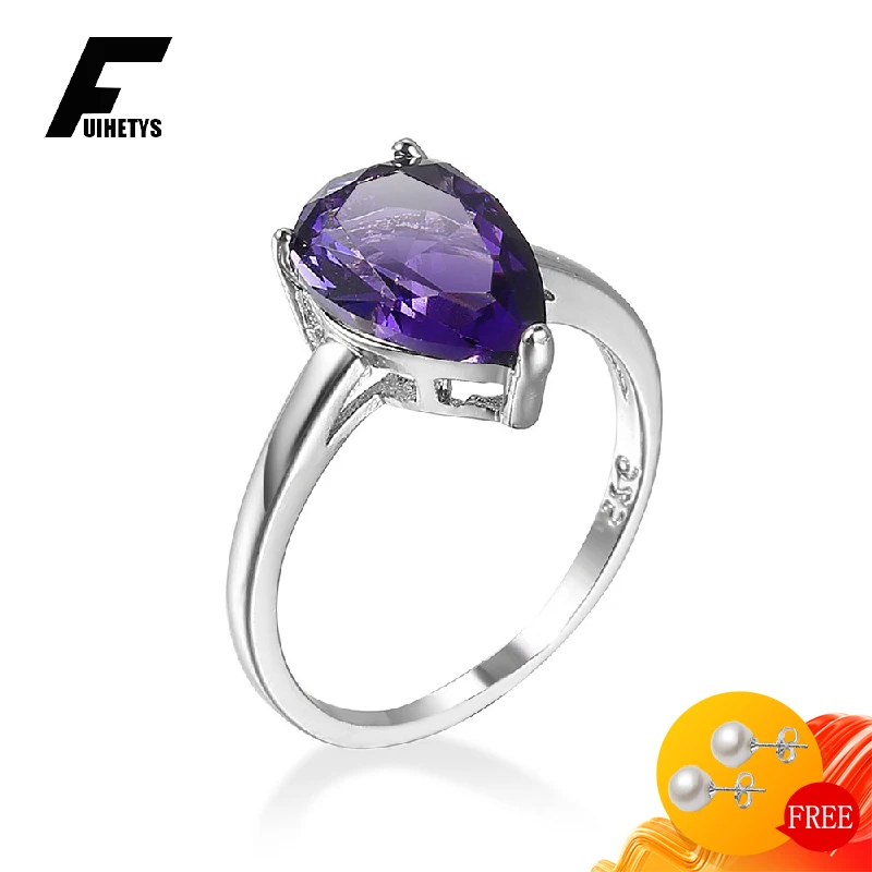 Trendy Ring 925 Silver Jewelry for Women Water Drop Shape Amethyst Gemstone Finger Rings Wedding Engagement Ornaments Wholesale