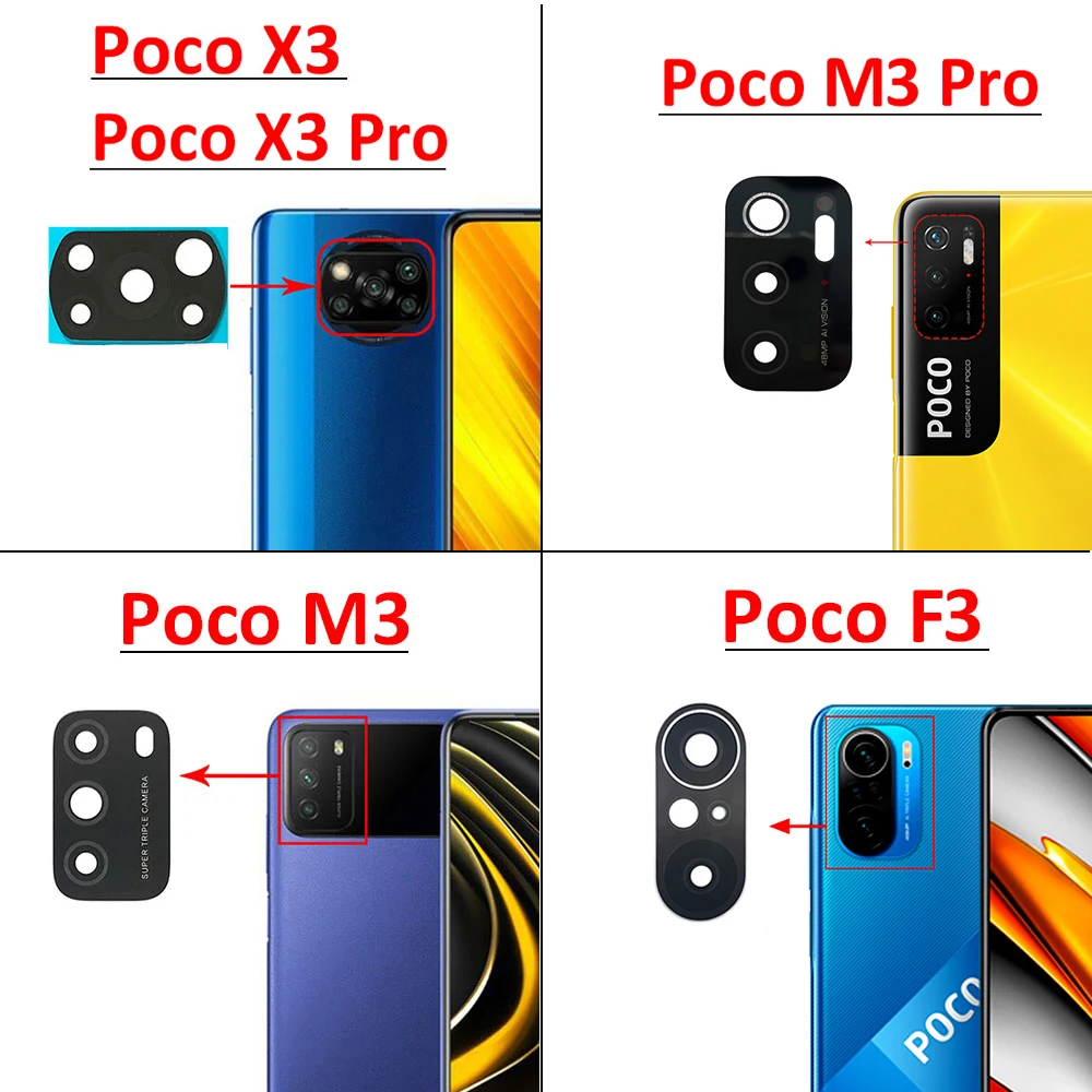 Lente de Vidro Traseira com Adesivo, Xiaomi, Redmi Poco M3, F3, X3, NFC, GT, F2, F4, F5, X4, M4 Pro, 4G, 5G, pocophone F1, 2pcs por lote