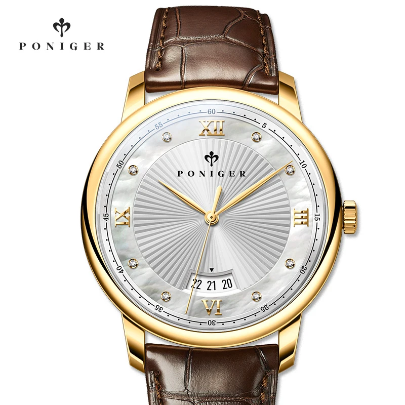 PONIGER, reloj de cuarzo de cuero genuino de lujo para hombre, reloj de pulsera con cristal de zafiro resistente al agua y fecha, movimiento de cuarzo japonés para hombre