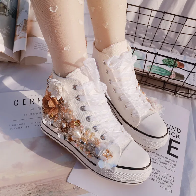 2022 original handmade rhinestone sequins increased flower canvas shoes platform sports women\'s casual shoes white sneakers