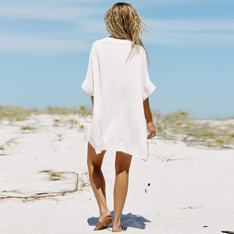 FORERUN-Vestido corto De Playa para mujer, Túnica holgada con cuello De pico, color blanco, para Playa