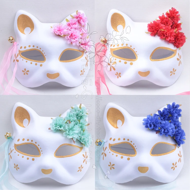 Ancient Style Han Chinese Clothing Fox Cat Mask Hand-Painted Half Face Cherry Golden Pink Silk Flower Bell Cosplay