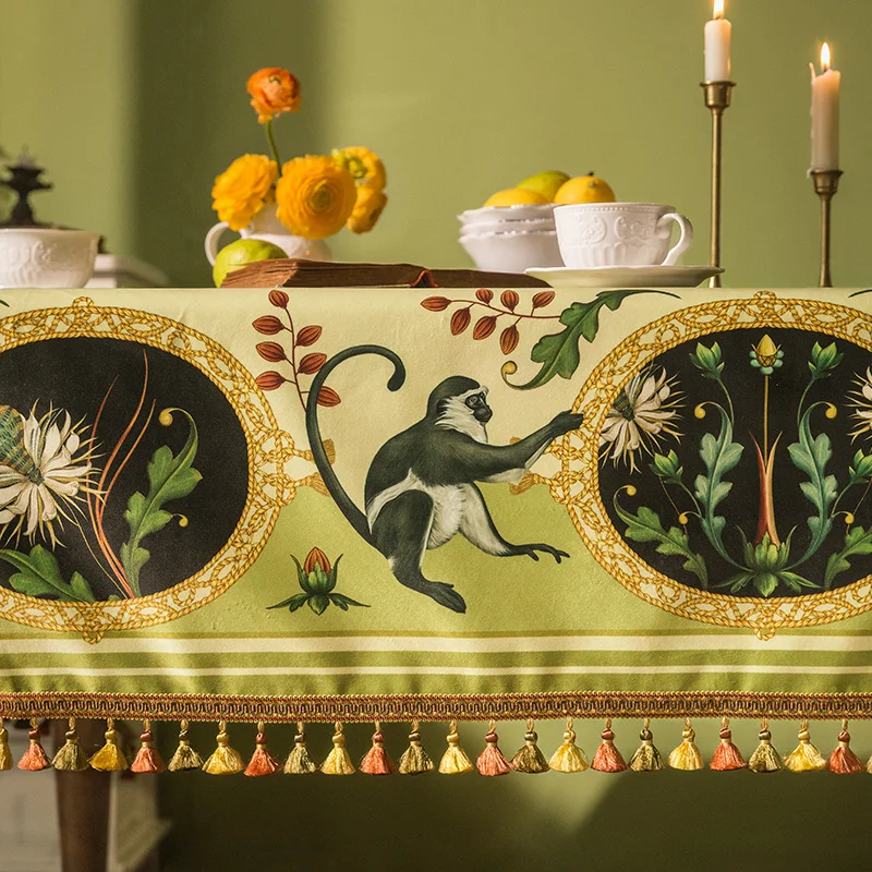 American Jungle Print Tablecloth Green Luxury Velvet Table Cloth Tassel Decor Cabinet Cover Cloth Dining Table Decor Tablecloth