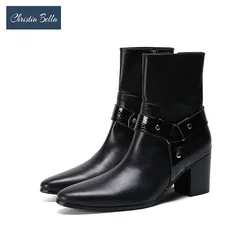 British Style Black Pointed Toe Male Party Ankle Boots Formal Dress Shoes Big Size Genuine Leather High Heels Men Short Boots