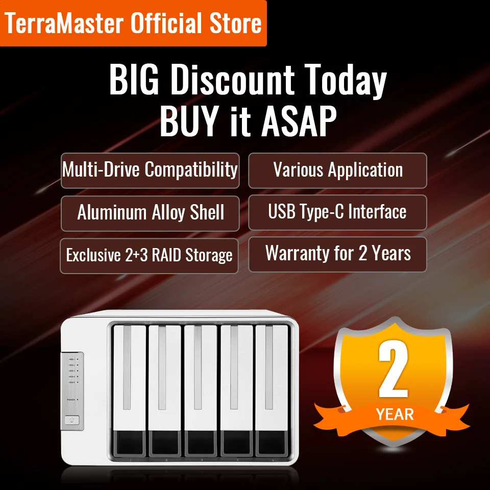 TerraMaster D5-300C USB3.0(5Gbps) Type C 5-Bay RAID Enclosure Support RAID 0/1/Single Exclusive 2+3 RAID Mode (Diskless)
