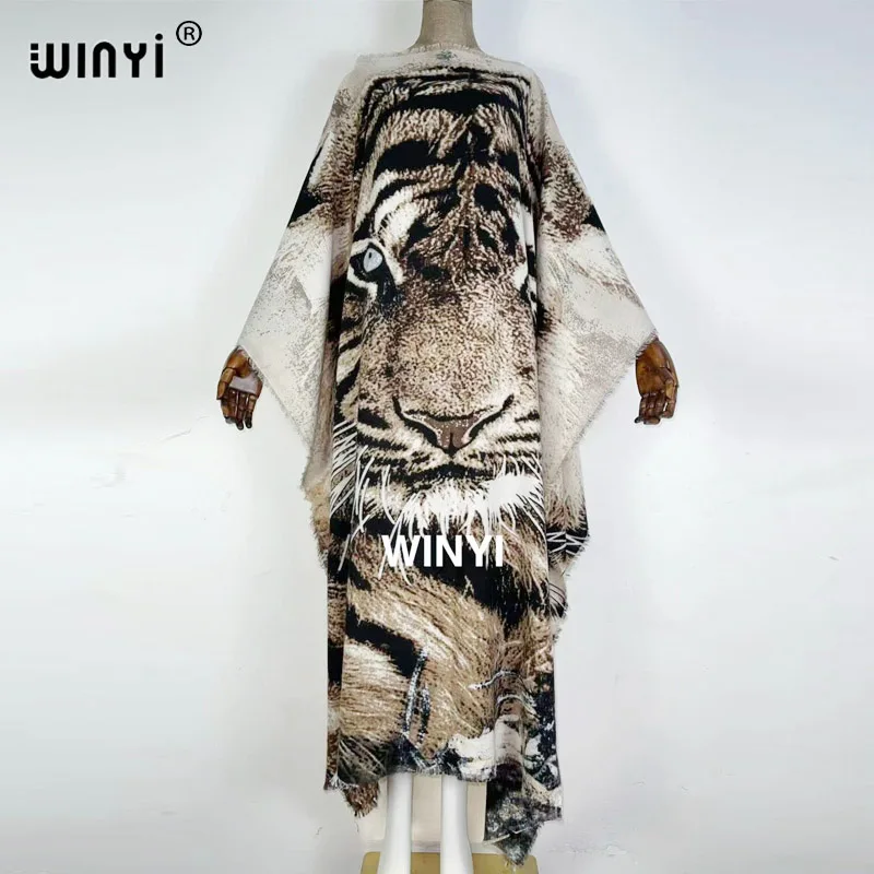 

Fall 2021 Middle East Dubai Clothing Female Cashmere Sexy Casual Tiger Head Printed Dress Winter Maxi Bohemia Elegant Dress