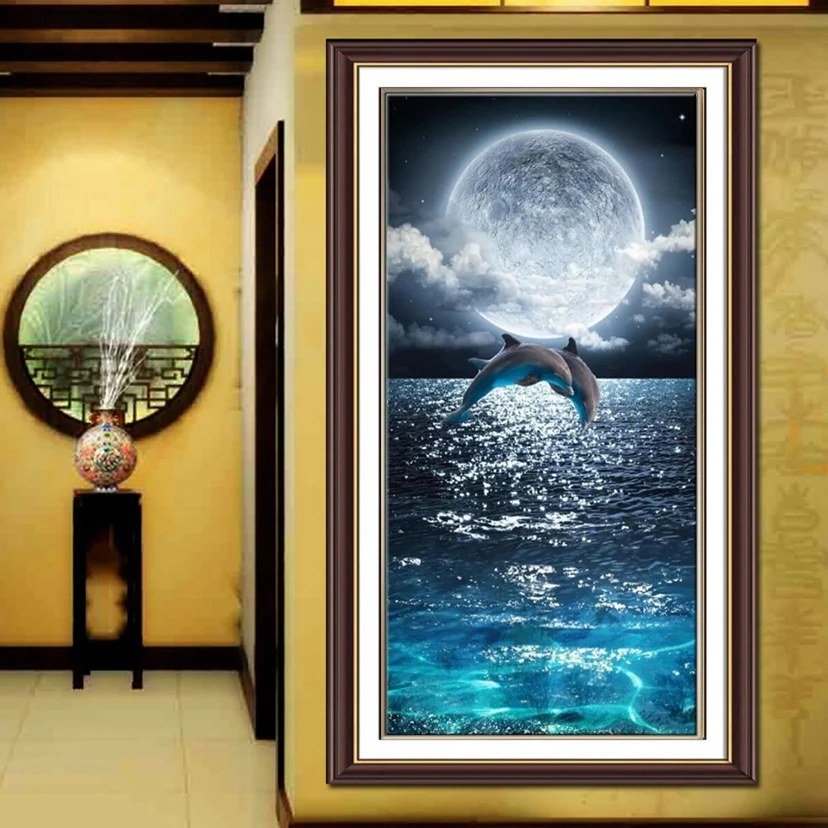 New 5d diy paint by diamond bright moon AB diamond embroidery jumping dolphin full square round rhinestone mosaic painting decor