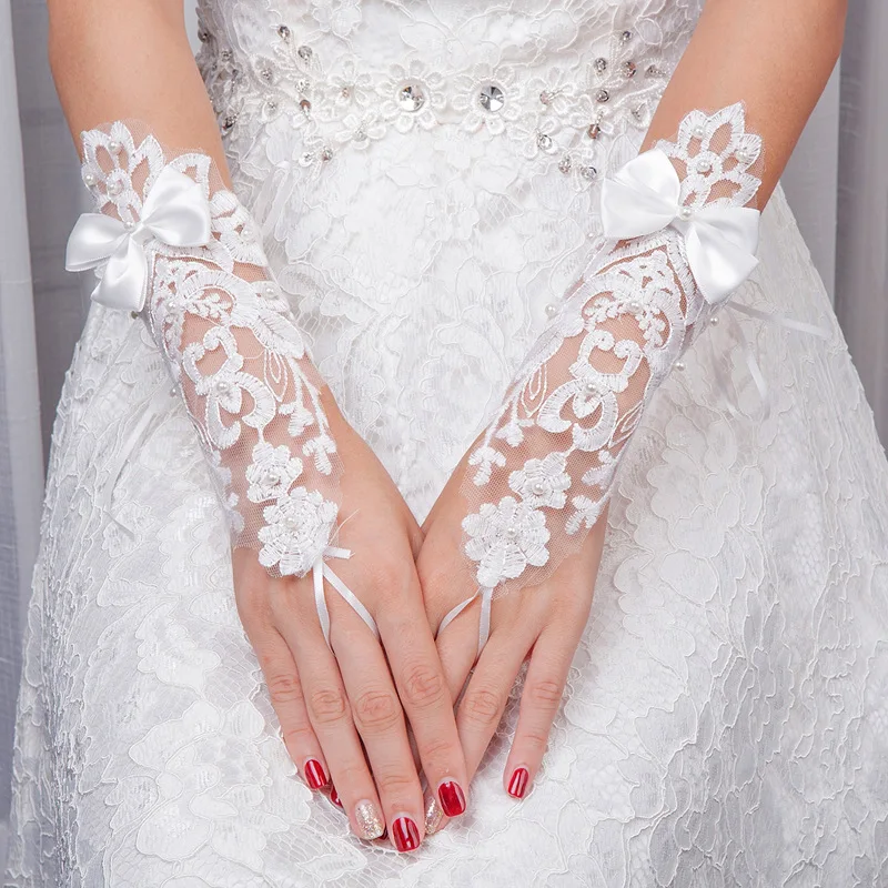 JaneVini-guantes de novia sin dedos para mujer, elegantes guantes cortos de encaje blanco con perlas, guantes largos de ópera, accesorios para fiesta de boda, 2019