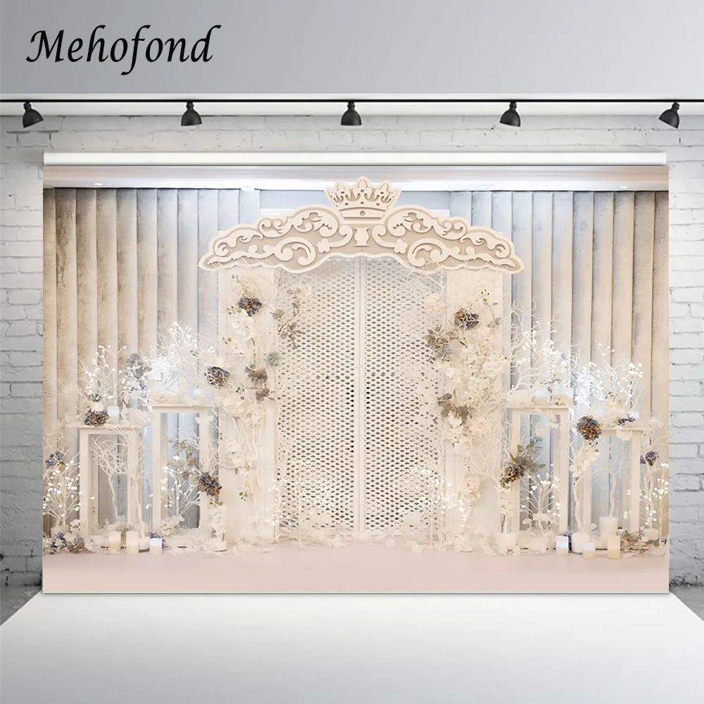 Mehofond Wedding Backdrop White Flower Door Curtain Ceremony Stage Wall Bridal Shower Photography Background Decor Photo Studio