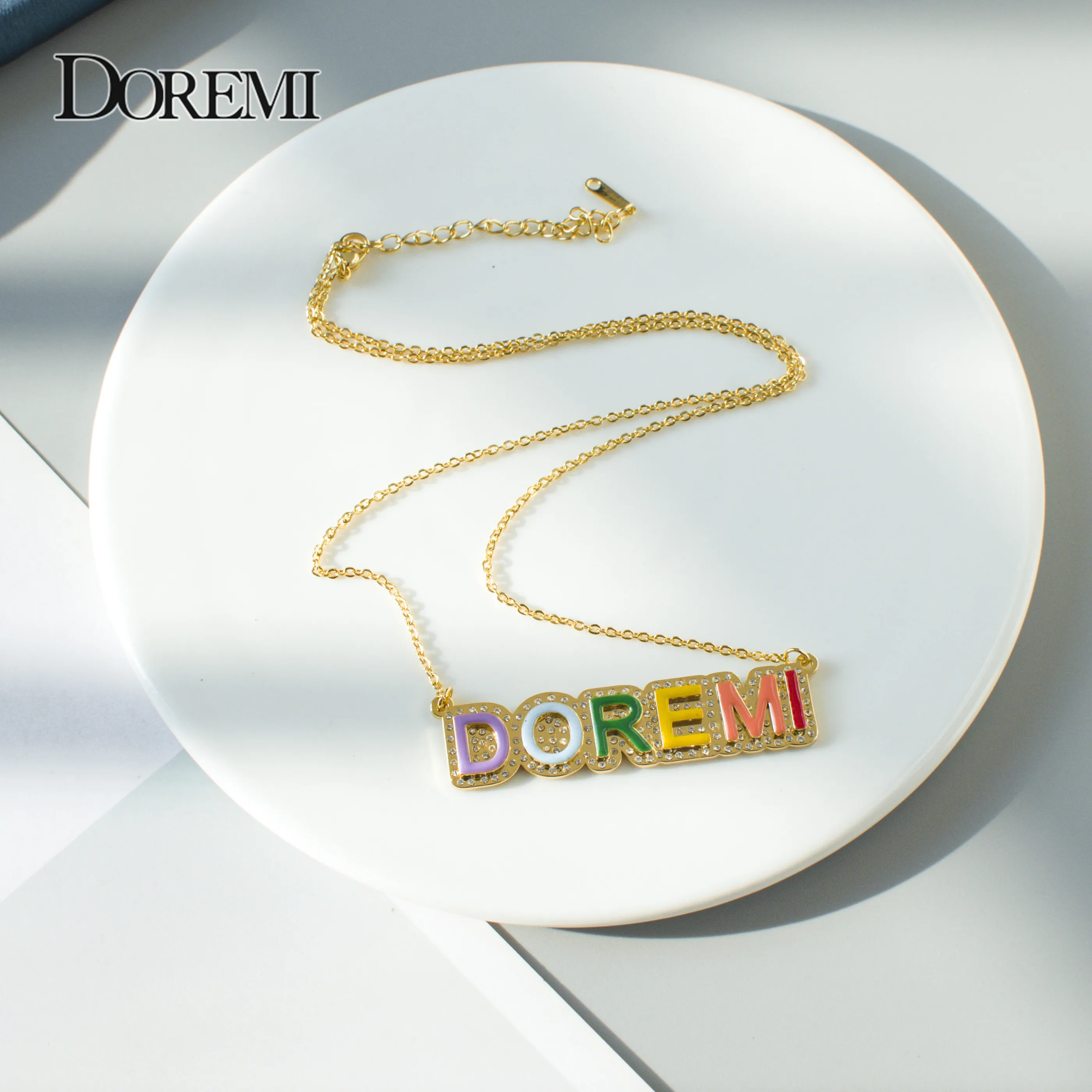 DOREMI Stainless Colorful Enamel Name Necklace Iced Out Chain for Women Personalized Custom Name Necklace Pendant Necklace Gift
