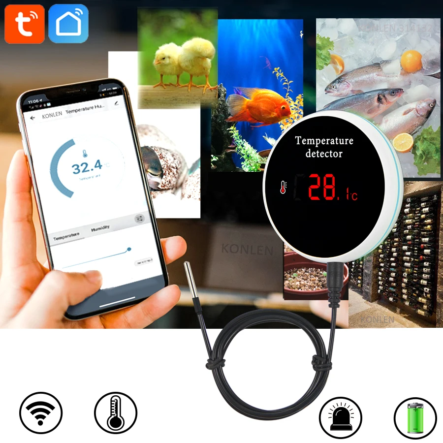 Top Tuya Smart Home Wifi Temperature Sensor 3m Wire Digital Smartlife Thermometer Room Water Pool Thermostat Alarm Remote