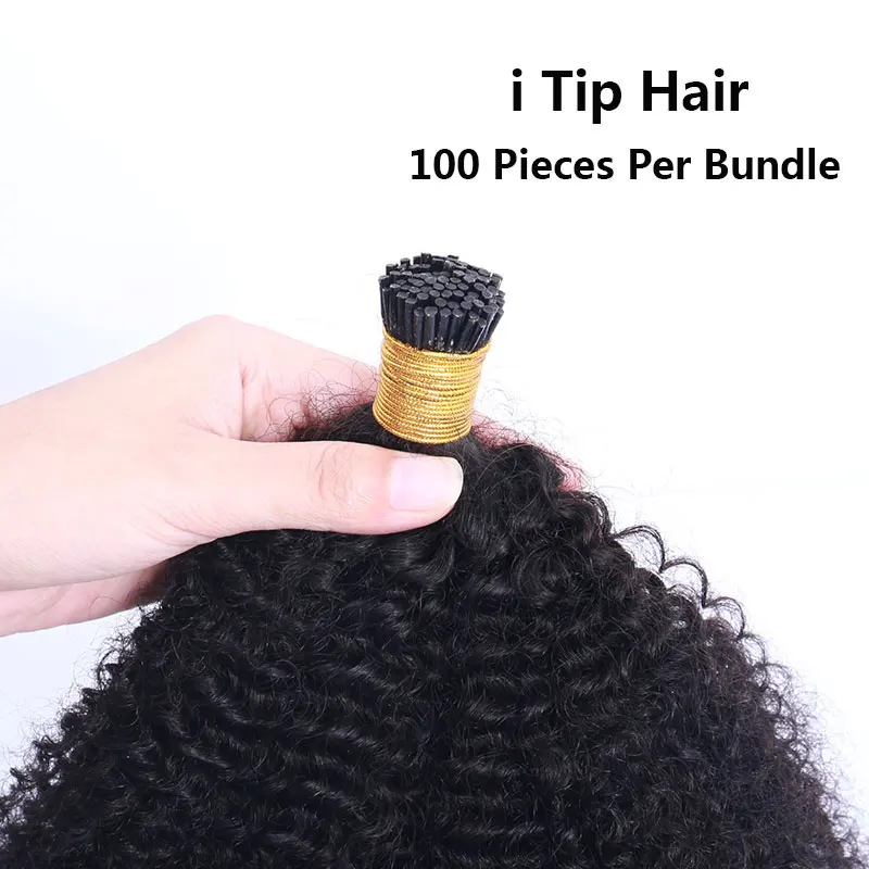 Extensiones de cabello humano rizado Afro para mujeres negras, extensiones de cabello brasileño con punta I, cabello Virgen sin procesar a granel