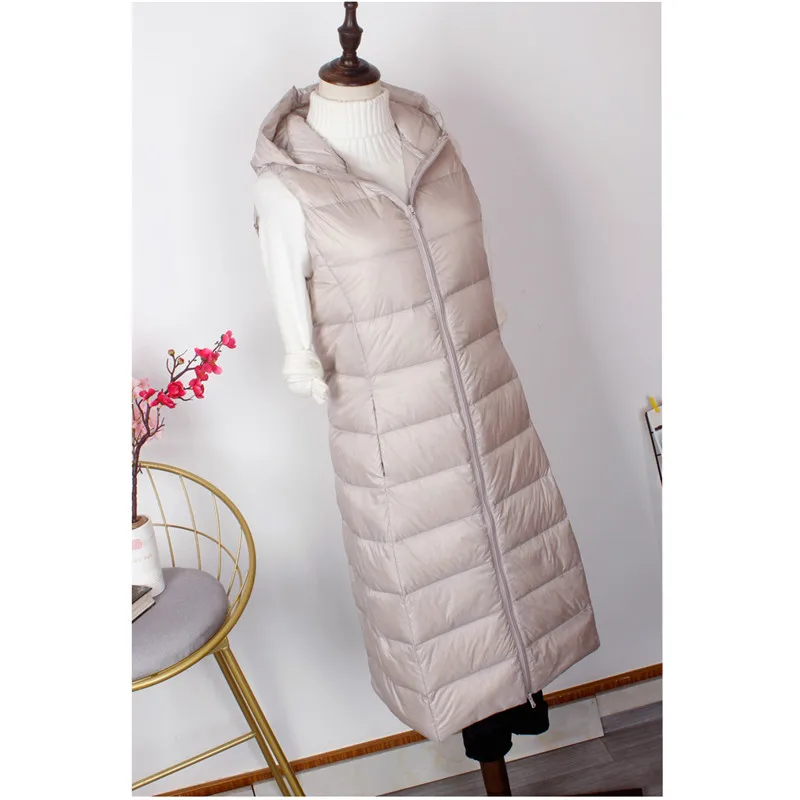 2025 Autumn Winter Hooded Down Waistcoat Women Ultra Light White Duck Down Vest Puffer Parkas Ladies Warm Sleeveless Long Vests