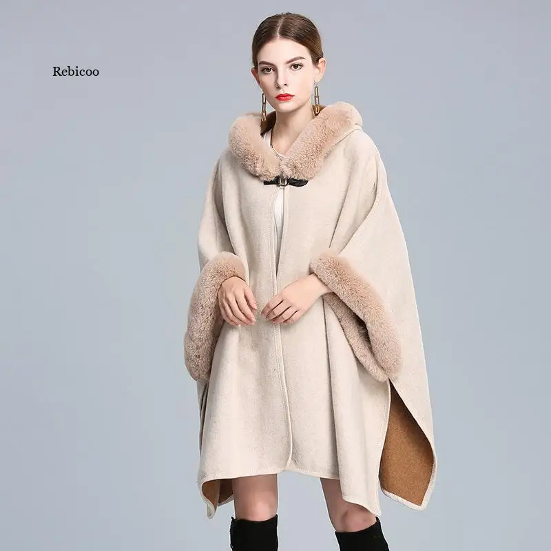 Women New Winter Faux Rabbit Fur Hooded Cape Turn Down Collar Wool Blend Poncho Loose Thick Cardigan Cloak Batwing Coat