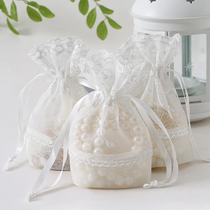 New 10X14CM Five Petal Flower White Lace Yarn Bag Folded Bottom Jewelry Drawstring Bag Creative Gift Slub Yarn Drawstring Pocket