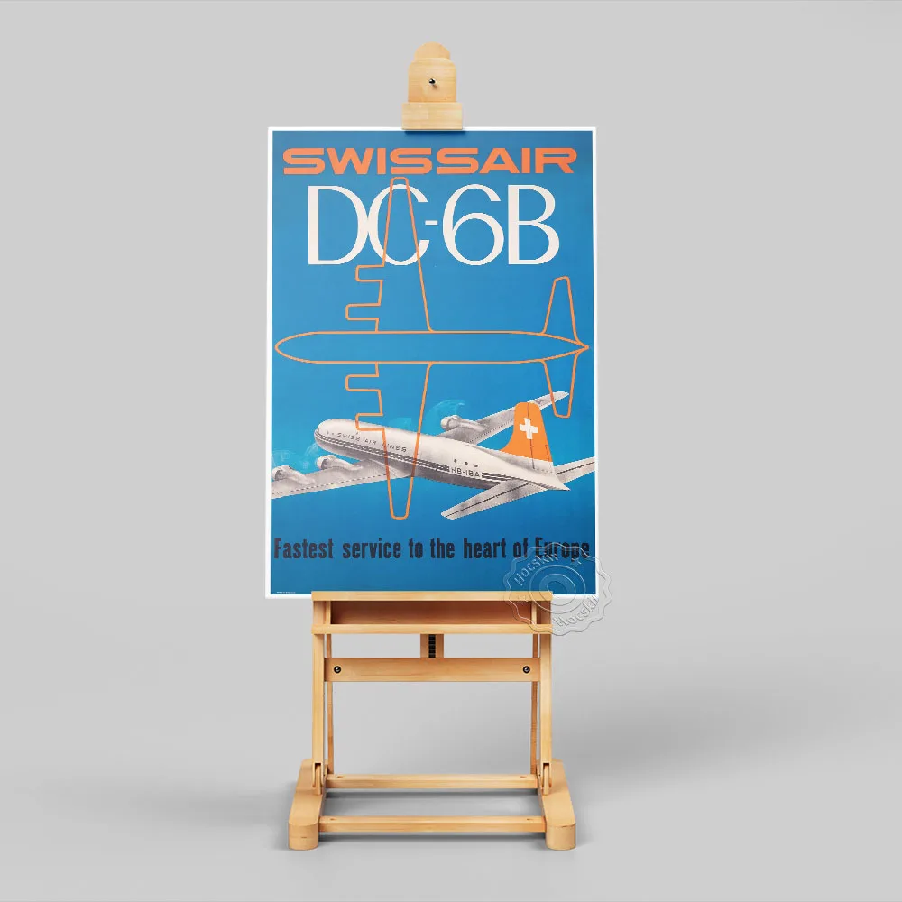 1951 Airline Travel Promoting Poster, Switzerland Fastest Service To The Heart Of Europe Art Print, Vintage Aeroplane Home Decor