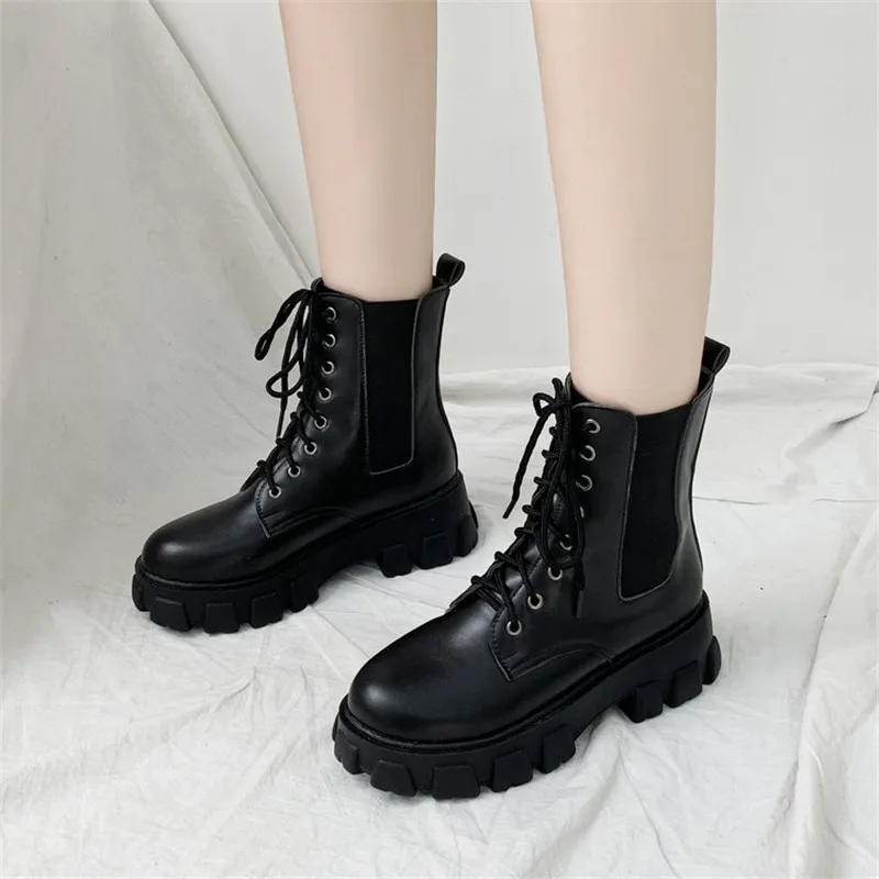 Boots Women Motorcycle Shoes Platforms Women Boots Wedges Female Lace Up Platforms Leather Oxford Shoes Woman High Heels