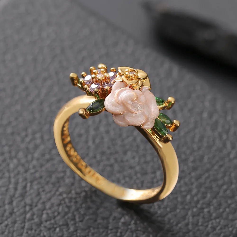 Foydjew Exquisite Pink Rose Flower Rings For Women Gold Color Green and Purple Zircon Ring Engagement Valentine Jewelry