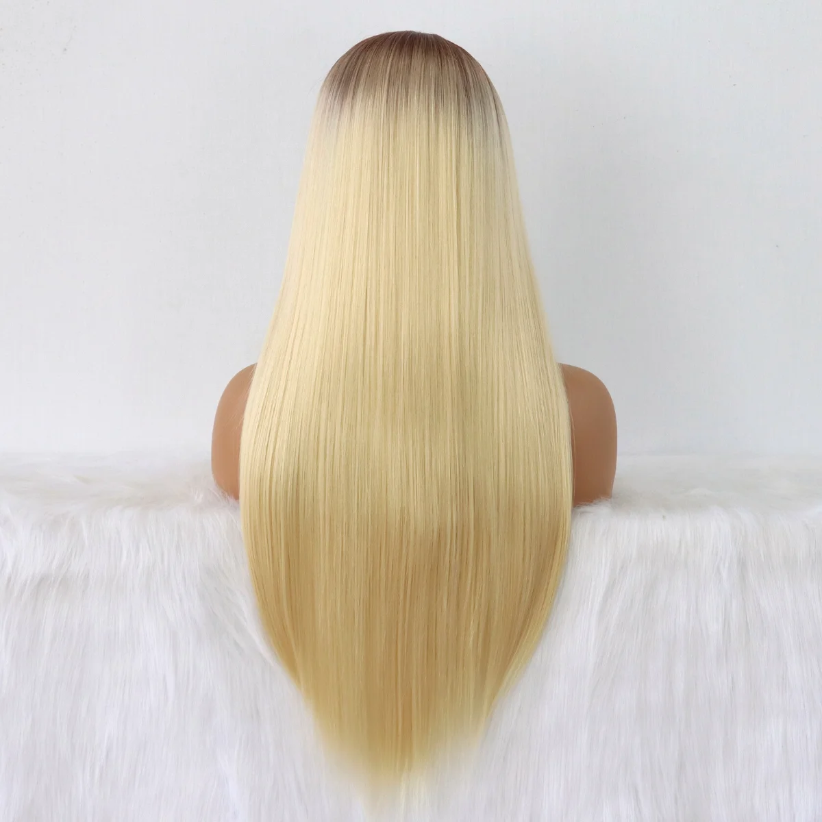 Platinum Blonde Light Brown Roots Ombre Lace Front Wigs Long Silky Straight Heat Resistant Premium Yaki Synthetic  Wigs